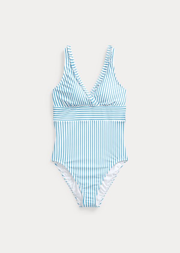 Women's Ralph Lauren Ruffle-Trim Striped One-Piece | 654923WHY